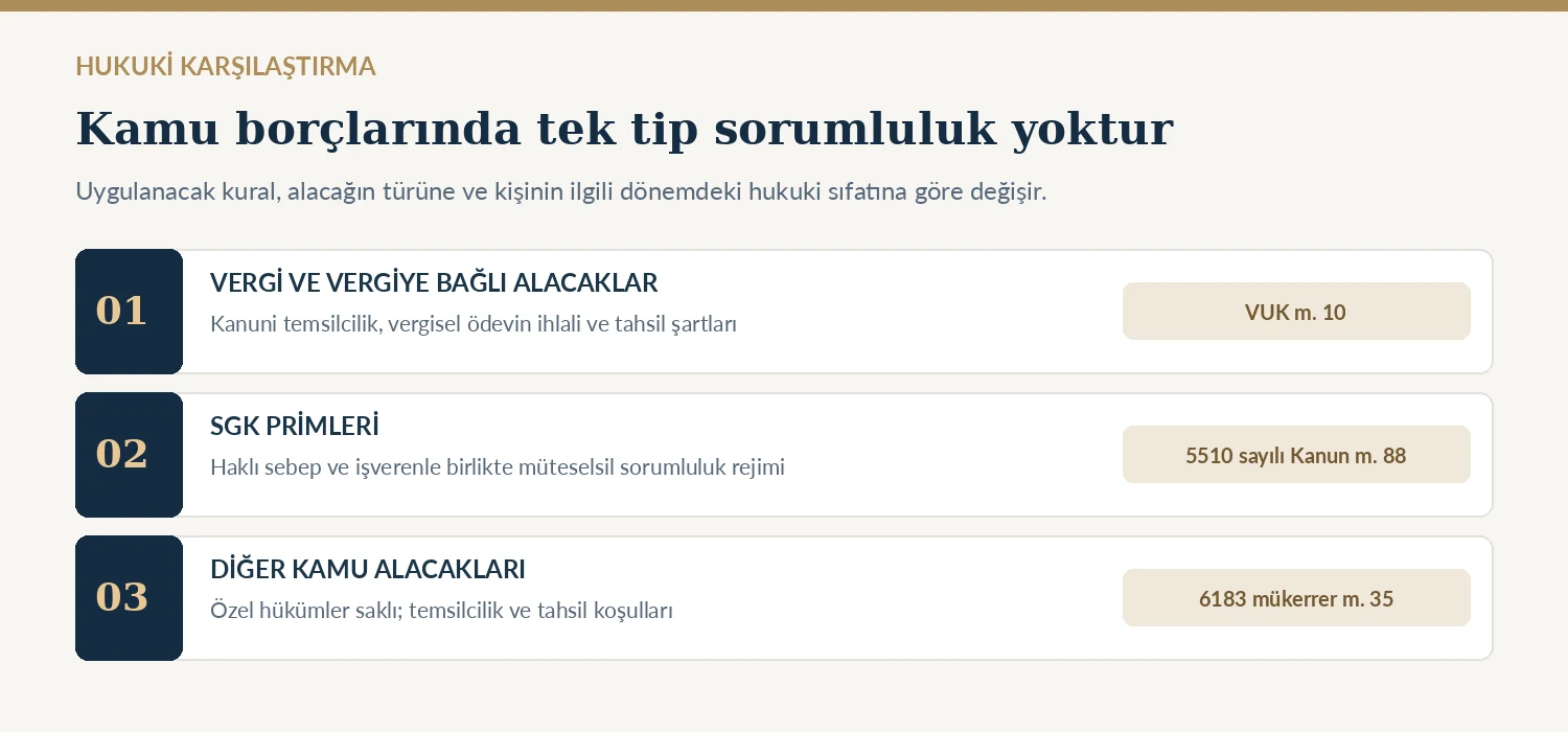 Vergi Usul Kanunu 10, 5510 sayılı Kanun 88 ve 6183 sayılı Kanun mükerrer 35 sorumluluk karşılaştırma şeması