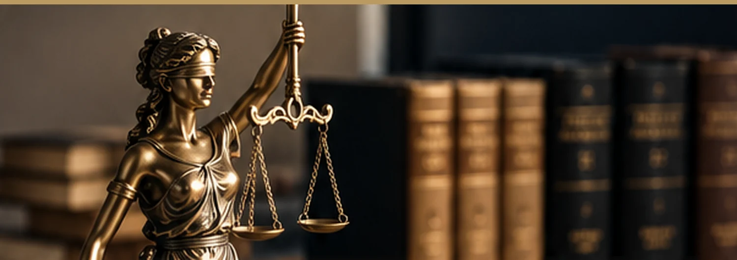 Adalet heykeli, terazi ve hukuk kitapları ile ticari uyuşmazlıkların yargısal değerlendirilmesi